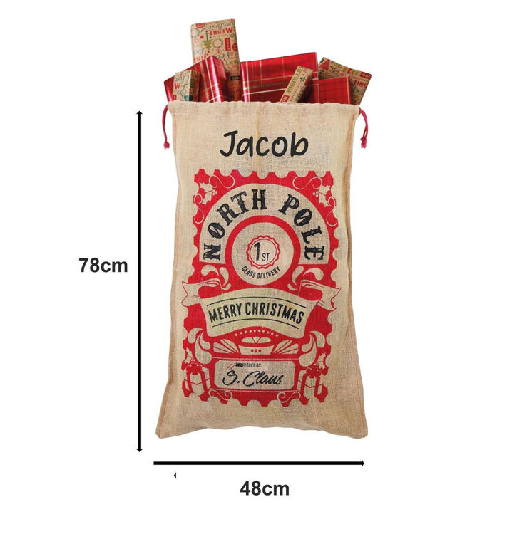 Picture of Large Personalised Christmas Jute Santa Claus Toy Sack / Personalized Festive Xmas Stocking for Presents Gifts Boy Girl