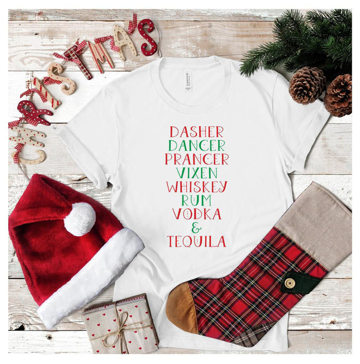 Picture of Funny Christmas Reindeer Dasher Dancer Prancer Vodka Whiskey Tequila Tee Ladies Mens Humorous