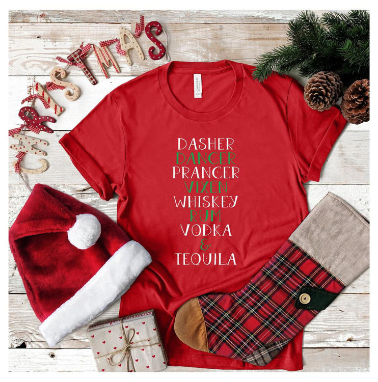 Picture of Funny Christmas Reindeer Dasher Dancer Prancer Vodka Whiskey Tequila Tee Ladies Mens Humorous